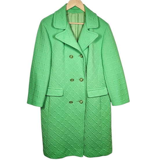 Vintage 60s MOD Mid Century Modern Long Coat Green Double Breasted Bold Funky L - Picture 2 of 14
